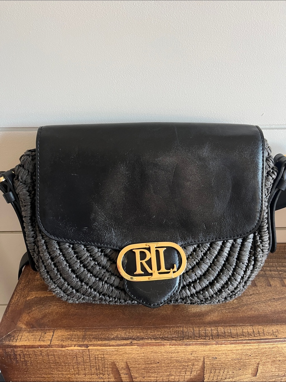 Ralph Lauren Addie Black Woven Seagrass and Leather Flap Crossbody